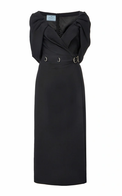 Shop Prada Draped Cady Midi Dress In Black