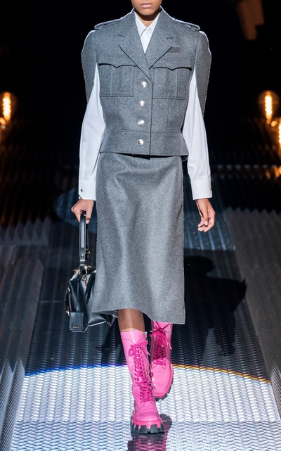 Shop Prada Wool-felt Midi Skirt In Grey
