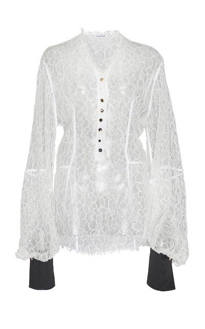 Shop Loewe Satin-detailed Sheer Leaver's Lace Blouse In White