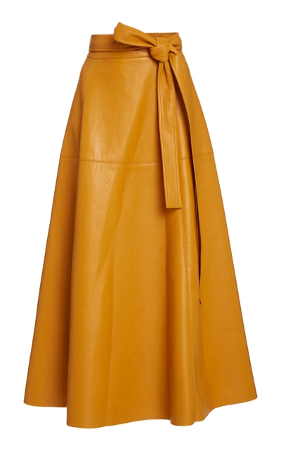 Shop Oscar De La Renta Tie-detailed Leather Midi Skirt In Yellow