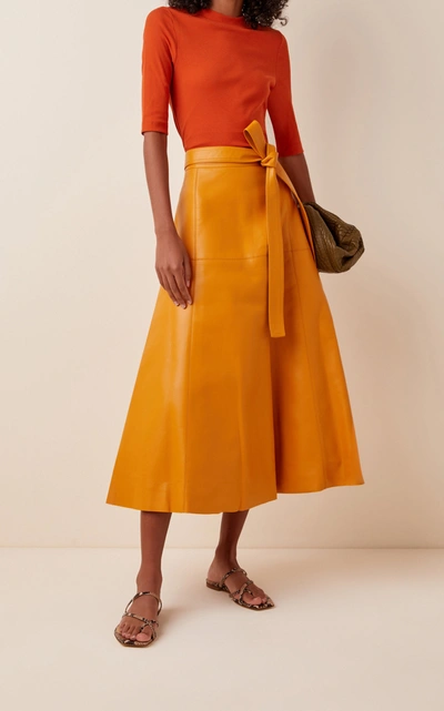 Shop Oscar De La Renta Tie-detailed Leather Midi Skirt In Yellow