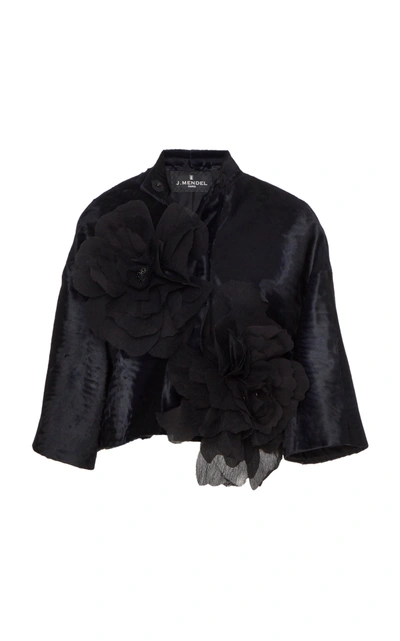 Shop J Mendel Women's Floral-appliqued Broadtail Cropped Jacket In Navy