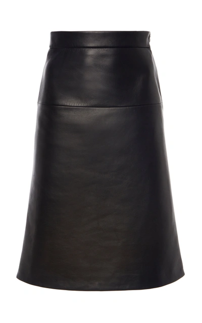 Shop Prada Leather Midi Skirt In Black