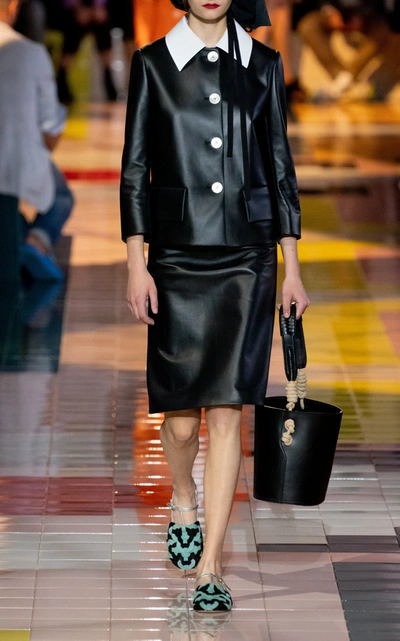 Shop Prada Leather Midi Skirt In Black