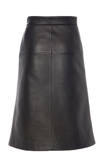 Shop Prada Leather Midi Skirt In Black