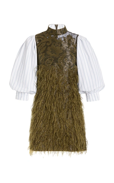 Shop Ganni Feather-embellished Jacquard-paneled Cotton-poplin Mini Dress In Multi