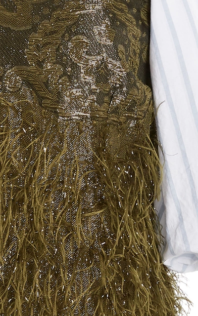 Shop Ganni Feather-embellished Jacquard-paneled Cotton-poplin Mini Dress In Multi