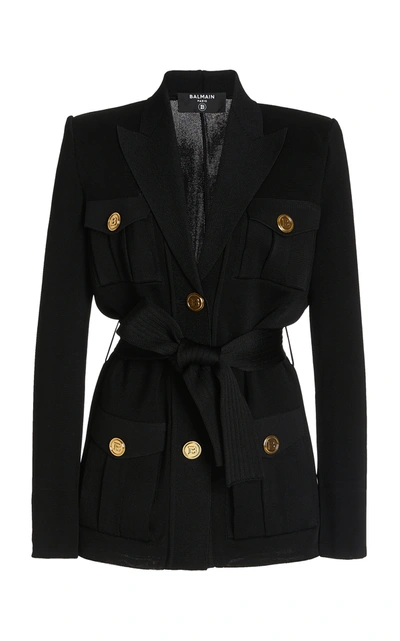Shop Balmain Women's Belted Compact-knit Blazer Jacket In Black