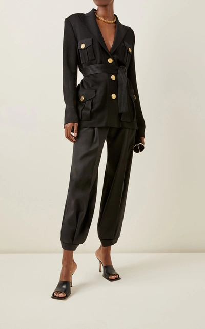 Shop Balmain Women's Belted Compact-knit Blazer Jacket In Black