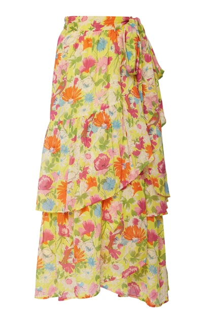Shop Banjanan Frances Floral-print Cotton Wrap Skirt In Yellow