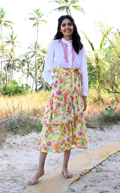 Shop Banjanan Frances Floral-print Cotton Wrap Skirt In Yellow