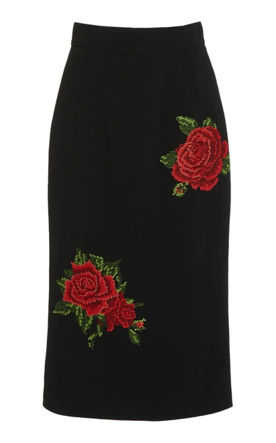 Shop Dolce & Gabbana Women's High-rise Rose-embroidered Crepe Midi Skirt In Print