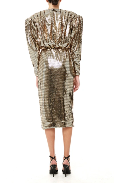 Shop Mach & Mach Golden Glossy V Neck Midi Dress