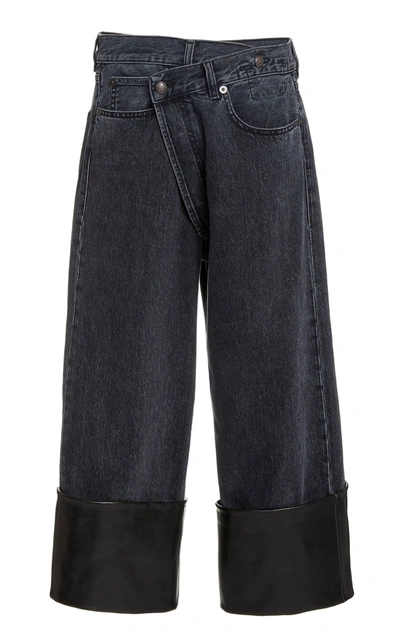 Shop R13 Women's Crossover Leather-cuff Wide-leg Jeans In Dark Wash