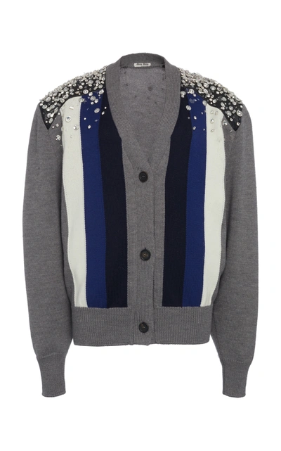 Shop Miu Miu Embellished Striped Wool Cardigan In Grey