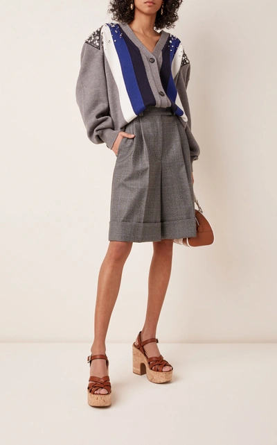 Shop Miu Miu Embellished Striped Wool Cardigan In Grey