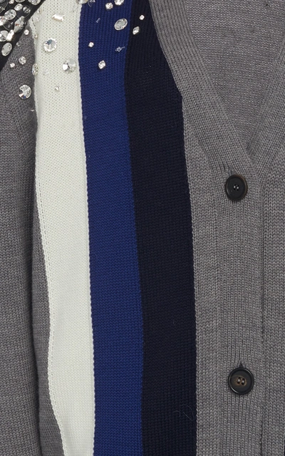 Shop Miu Miu Embellished Striped Wool Cardigan In Grey