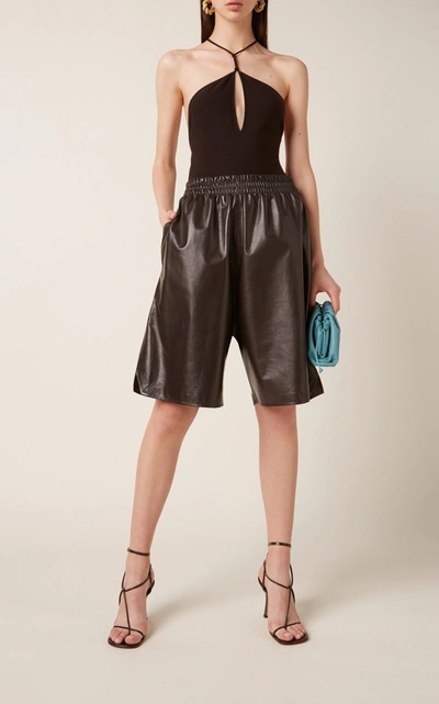 Shop Bottega Veneta Long Leather Shorts In Brown