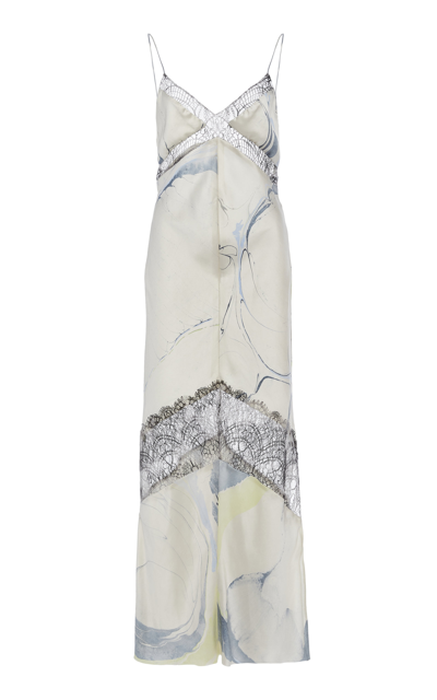 Shop Marina Moscone Lace-trimmed Printed Satin Midi Dress In Multi