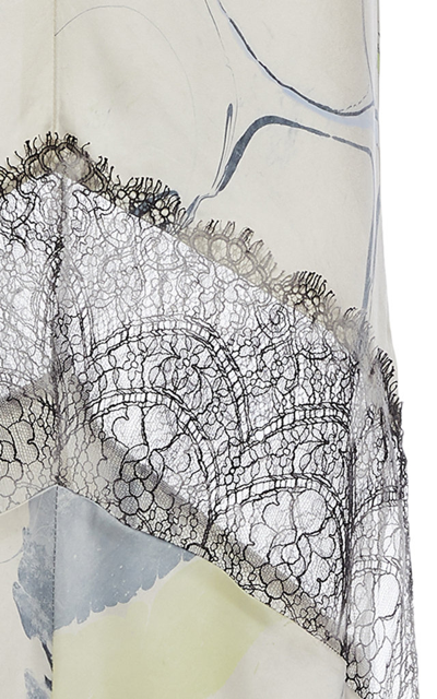 Shop Marina Moscone Lace-trimmed Printed Satin Midi Dress In Multi