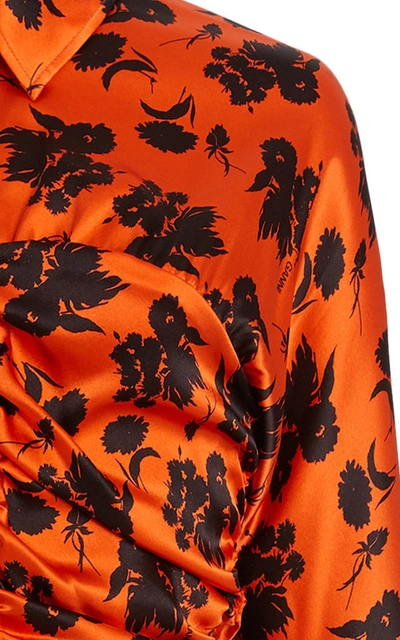 Shop Ganni Women's Ruched Floral Silk Satin Midi Shirt Dress In Print