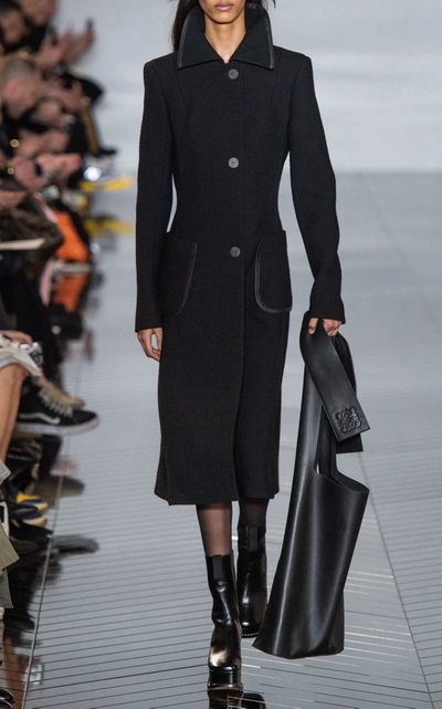 Shop Loewe Leather-trimmed Longline Wool Coat In Black