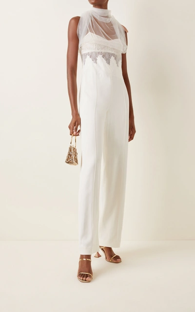 Shop Danielle Frankel Women's Delilah Tulle And Lace-trimmed Cady Jumpsuit In White