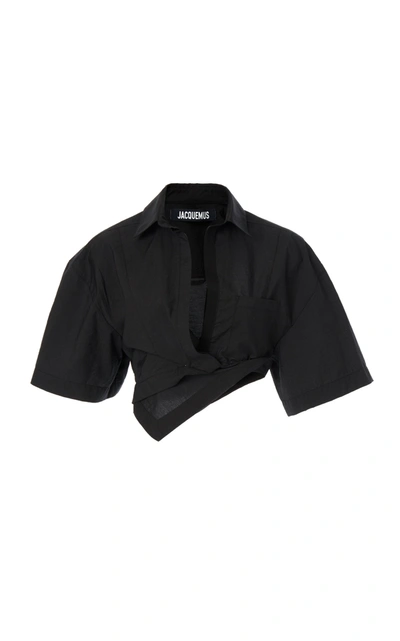 Shop Jacquemus Women's Capri Oversized Twisted Cotton-blend Cropped Shirt In Black