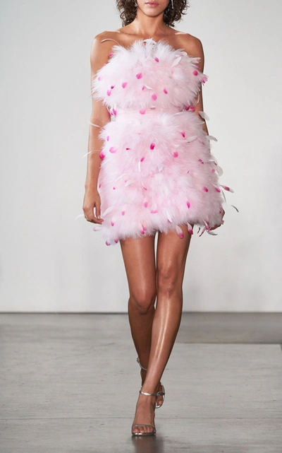 Shop Pamella Roland Strapless Feather-embellished Tulle Dress In Pink