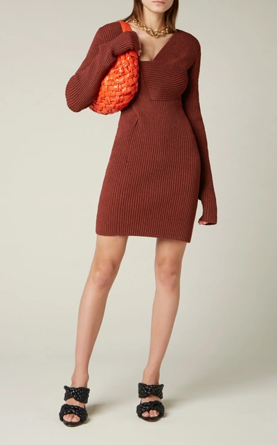 Shop Bottega Veneta Ribbed-knit Mini Dress In Brown