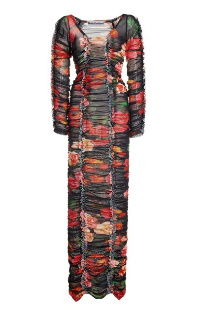 Shop Molly Goddard Roma Ruched Floral-print Tulle Maxi Dress
