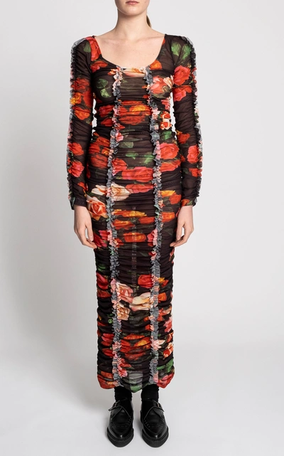 Shop Molly Goddard Roma Ruched Floral-print Tulle Maxi Dress