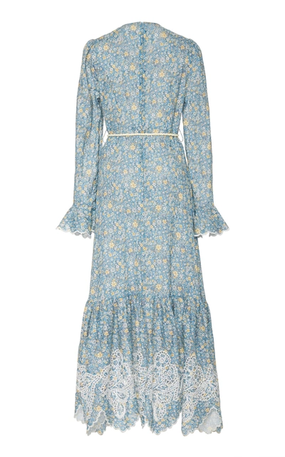 Shop Zimmermann Carnaby Belted Floral Linen Maxi Dress In Blue