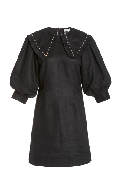 Shop Ganni Studded Linen Mini Dress In Black
