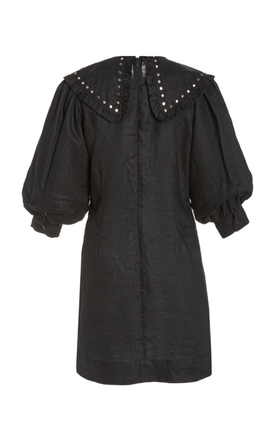 Shop Ganni Studded Linen Mini Dress In Black