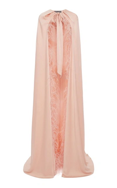 Shop Monique Lhuillier Feather-embellished Crepe Cape In Pink