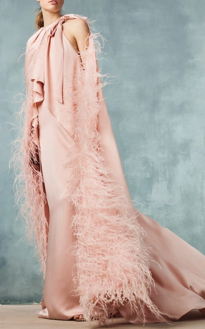 Shop Monique Lhuillier Feather-embellished Crepe Cape In Pink