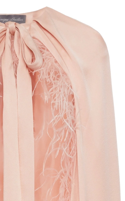 Shop Monique Lhuillier Feather-embellished Crepe Cape In Pink