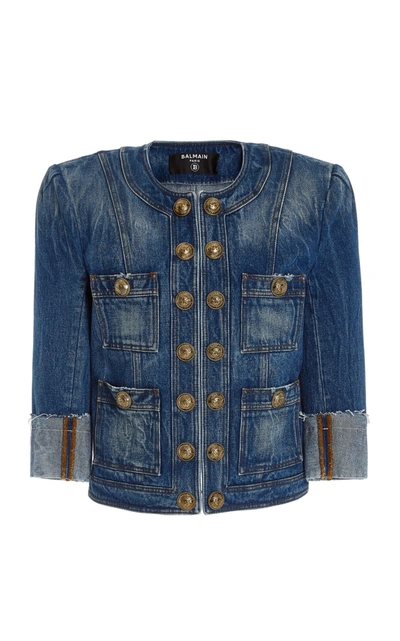 Shop Balmain Cropped Denim Jacket In Blue