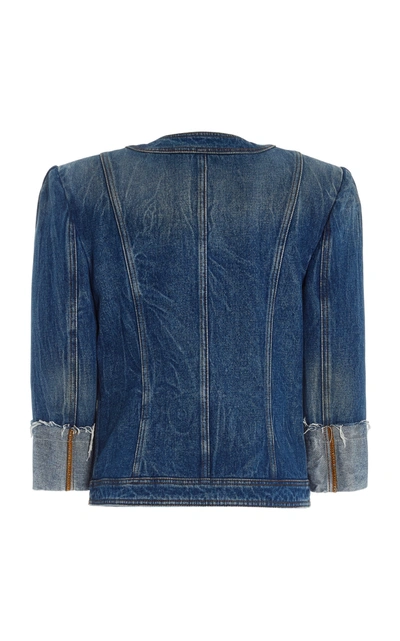 Shop Balmain Cropped Denim Jacket In Blue