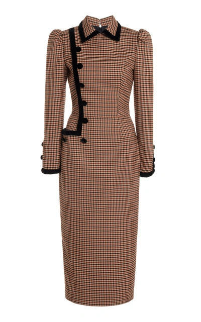 Shop Alessandra Rich Velvet-trimmed Gingham Wool-blend Midi Dress In Multi