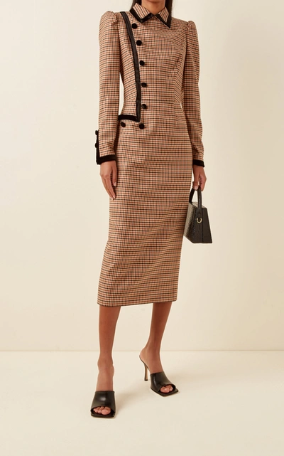 Shop Alessandra Rich Velvet-trimmed Gingham Wool-blend Midi Dress In Multi