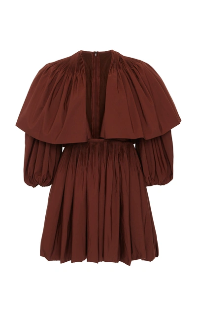 Shop Valentino Gathered Sleeve Cotton-blend Mini Dress In Brown