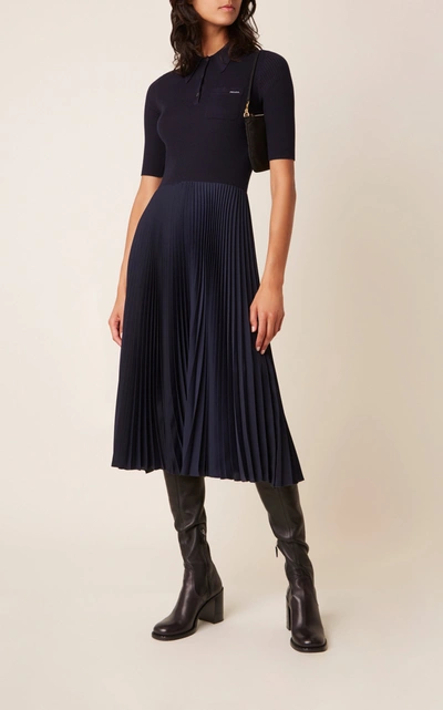 Shop Prada Ribbed-knit And Plissé Midi Dress In Navy