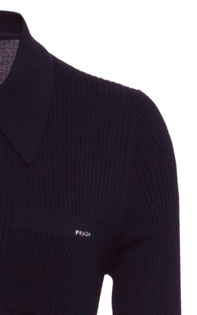 Shop Prada Ribbed-knit And Plissé Midi Dress In Navy