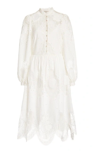 Shop Temperley London Judy Lace-inset Broderie Anglaise Midi Dress In White