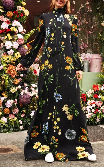 Shop Lela Rose Women's Floral-print Tie-neck Maxi Crepe Maxi Dress In Black