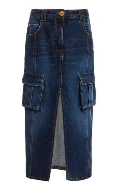 Shop Balmain Denim Midi Cargo Skirt In Blue