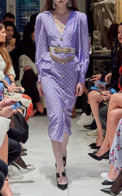 Shop Alessandra Rich Women's Button-detailed Polka-dot Silk Midi Dress In Purple