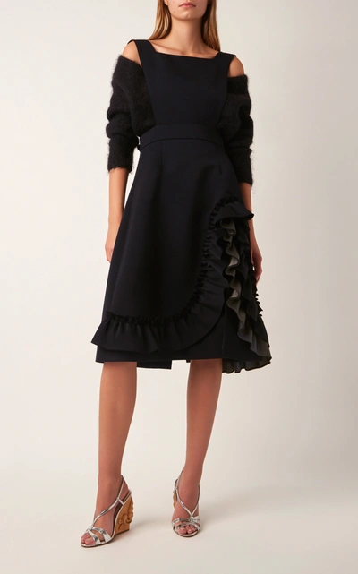 Miu Miu Ruffled Wool Midi Dress In Navy